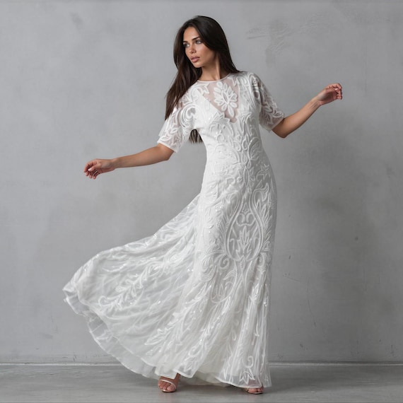 White 1920s Gatsby Wedding Dress – Art Deco Mermaid Gown, Vintage Bridal Style