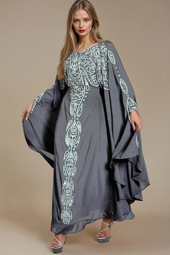 Grey Embellished Kaftan Dress: Moroccan Evening Maxi, Plus Size