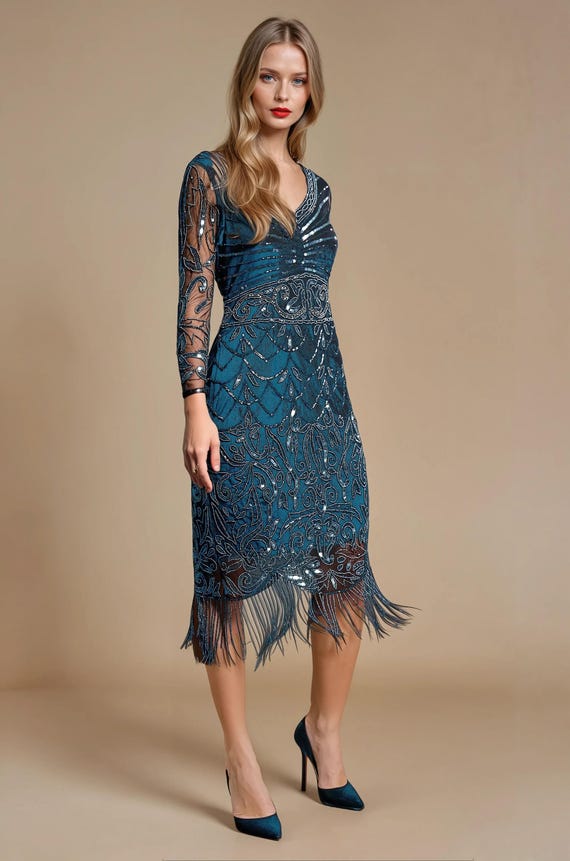 1920s flapper dress blue with Sleeves, Gatsby Fringe Art Deco Gown, Roaring 20s Prom Wedding Guest Party extended:297046 black mini dress long Size:4 AU/UK (0 US) ACCESSORIES All accessories are
