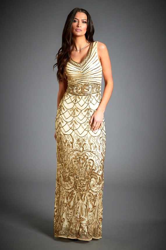 Eva Gold Beaded Gatsby Dress 1920s Vintage Style Wedding