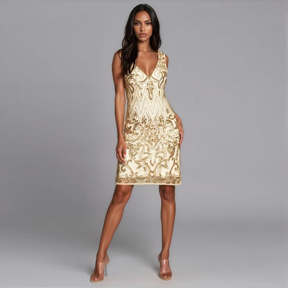 Angie 1920s Gold Beaded Midi Flapper Dress Gatsby Art Deco Evening Gown