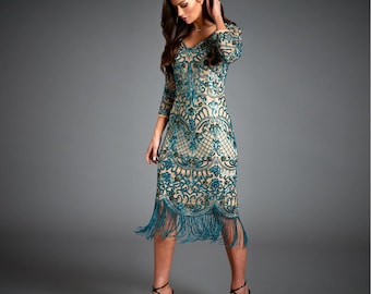 Beatrice Blue 1920s Fringe Dress Gatsby Art Deco Sleeved Evening Occasion Wear