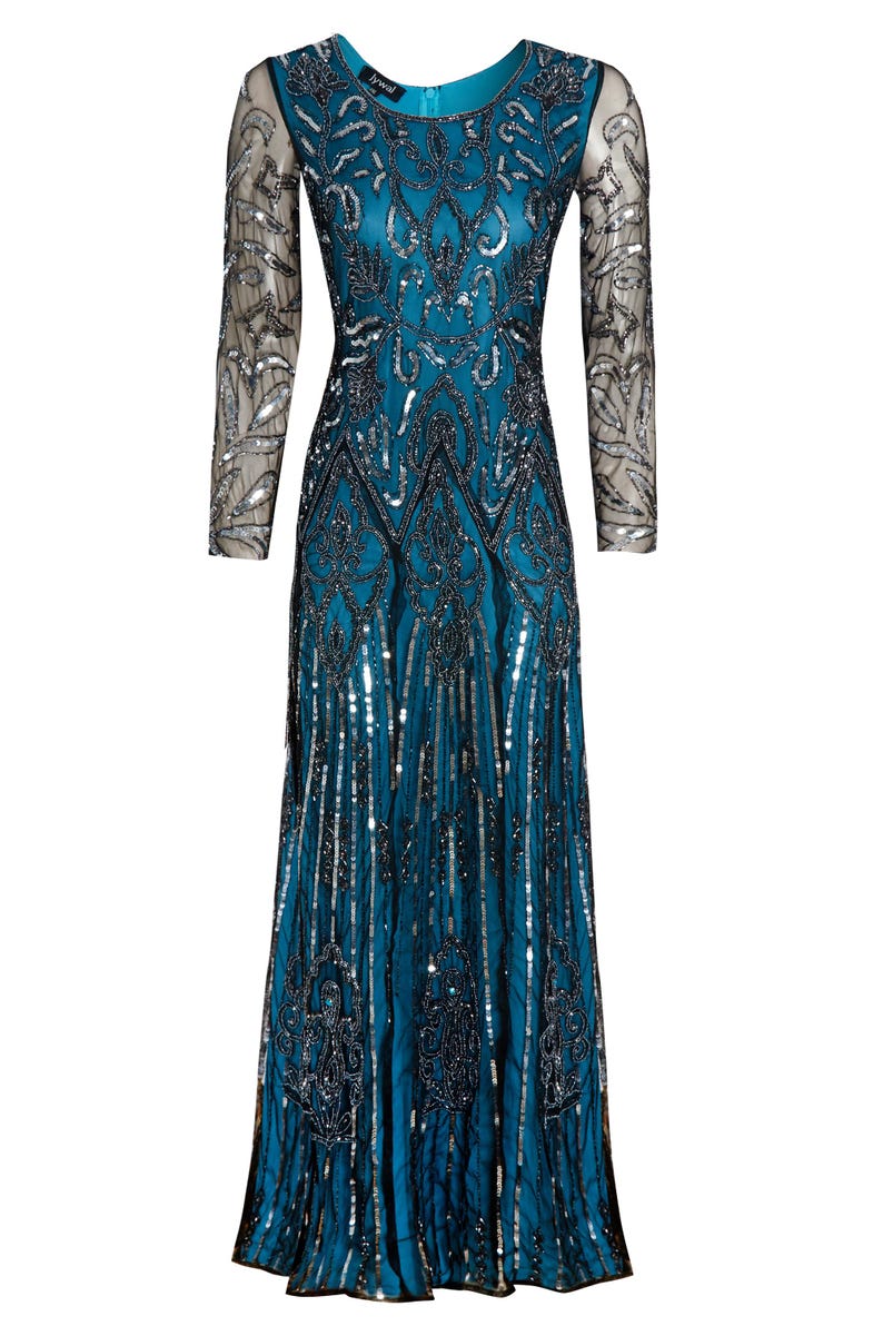 Isabella Blue 1920s Gatsby Dress – Modest Flapper Gown With Sleeves ...