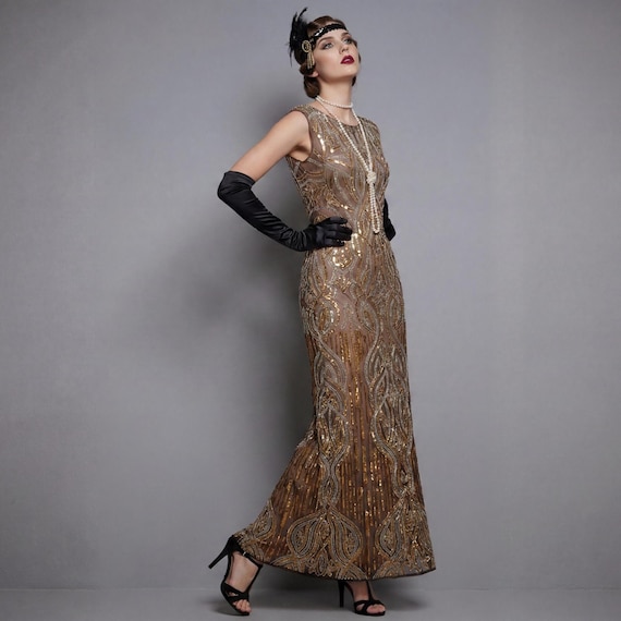 Mocha Vintage Inspired Flapper Dress Beaded Gatsby Prom Evening Gown