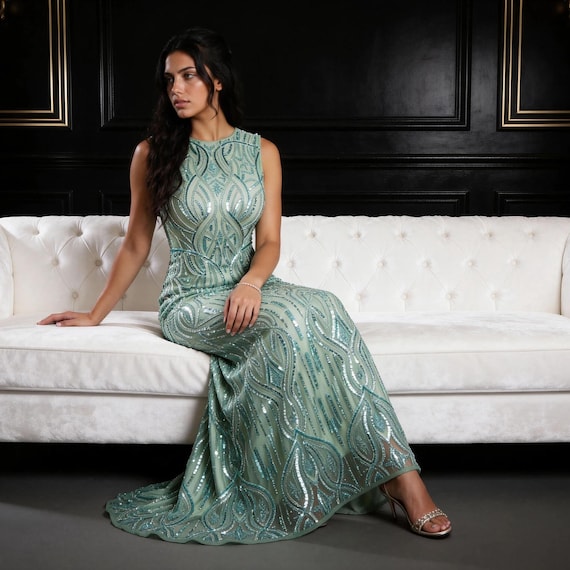 Clara 1920s Great Gatsby Dress - Art Deco Sequin Flapper Gown | Vintage Inspired Evening Dress | Green Wedding Guest Outfit