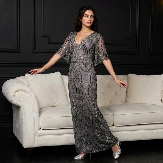 1920s grey dress 1920s Hand Beaded Swirl Patterned Fringe Dress – Annie's Ibiza Online