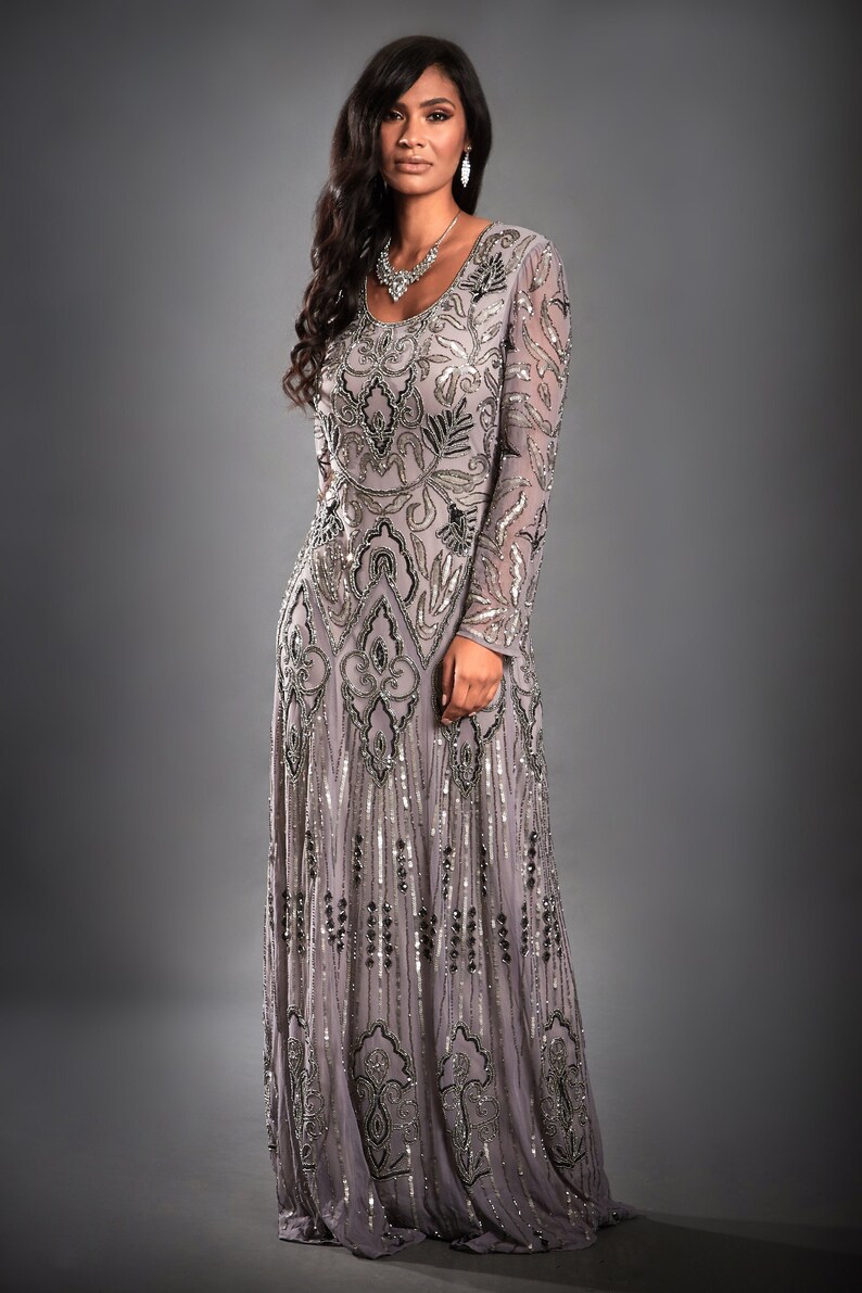 Isabella Grey Beaded Dress, 1920s Gatsby Inspired, Grey Formal Modest Gown, Long Sleeve Wedding Dress, Boho Bridal Dress, Plus Size, S-3XL 