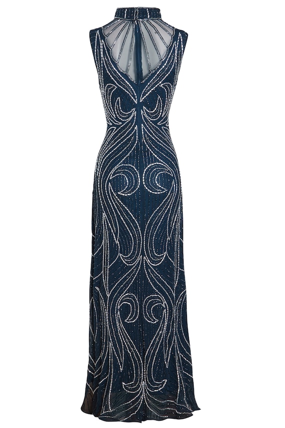Blue Gatsby Dress: 1920s Beaded Art Deco Evening Gown