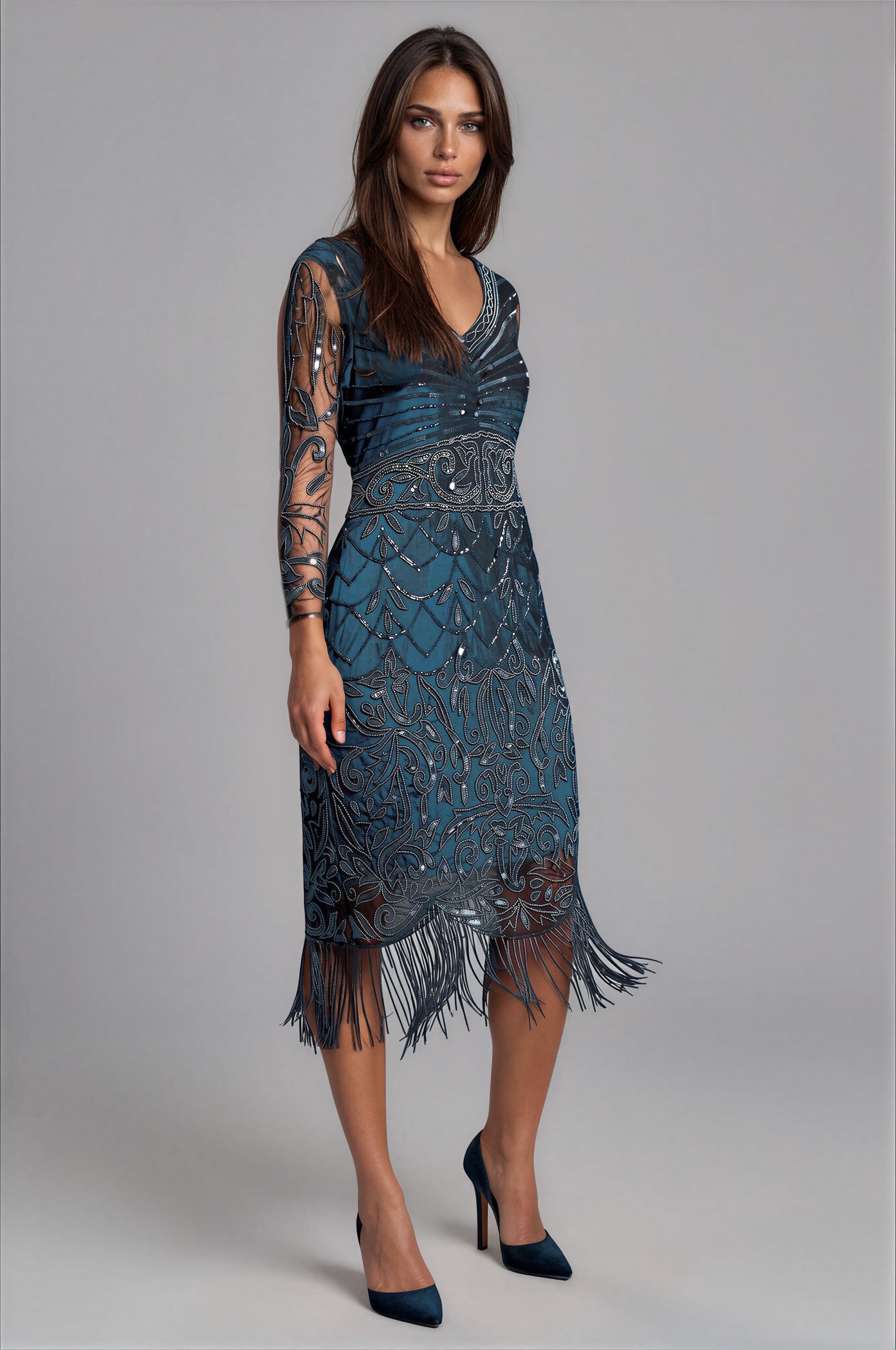 imperial beading dress 1920's Periwinkle Beaded Rhinestone Silk Chiffon Cut-Out Flapper Dress main image 1