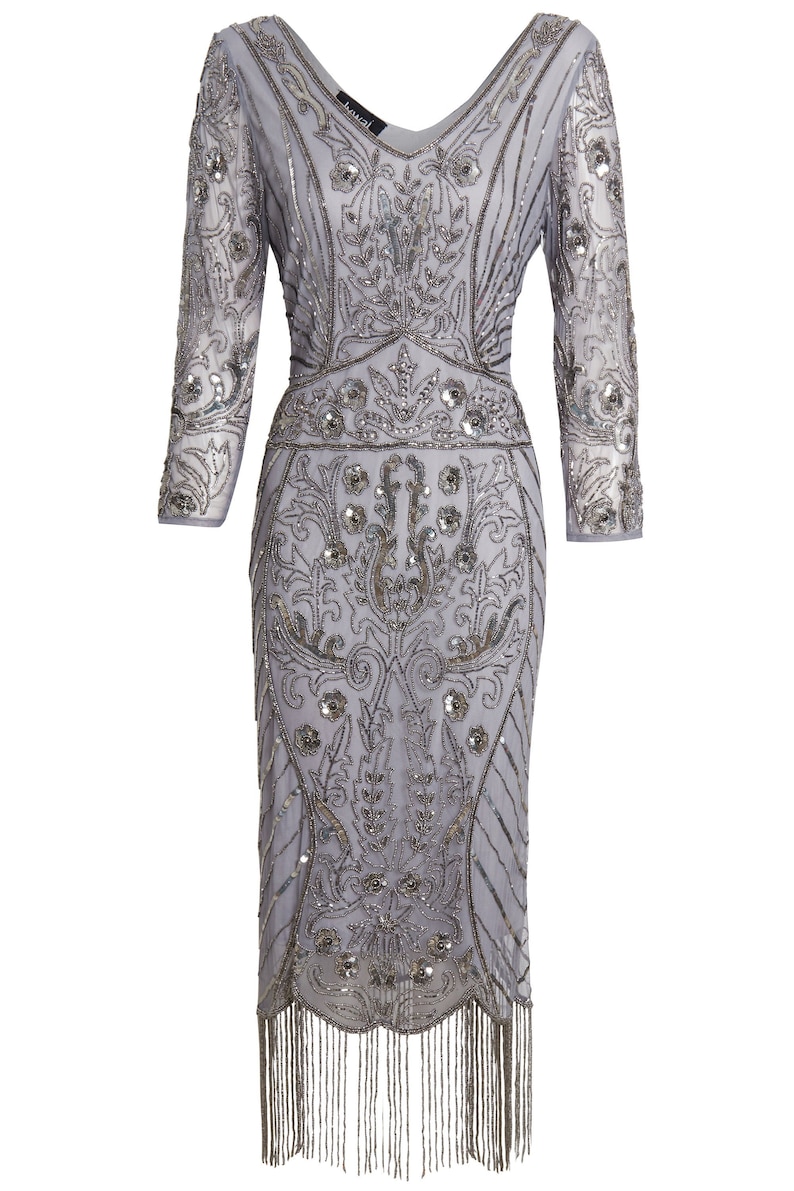 Audrey Grey Art Deco 1920s Beaded Fringe Evening Flapper Sleeved Party ...