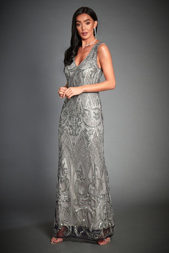 Angie Grey Gatsby Dress Charleston Dress Downton Abbey Formal Wedding Reception Art Deco Evening Dress Bridesmaid Flapper Prom Dress Etsy