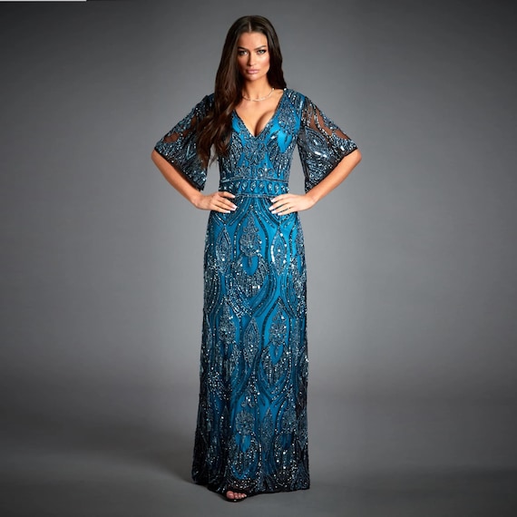 blue gatsby dress Buy Dazzling Vintage Style Sequin 1920s Art Deco Evening Flare Sleeve Gown Online in India Material:Feather x-markdown-pc:70 Blue Semi-Formal Maxi Bridesmaids Regular Fit