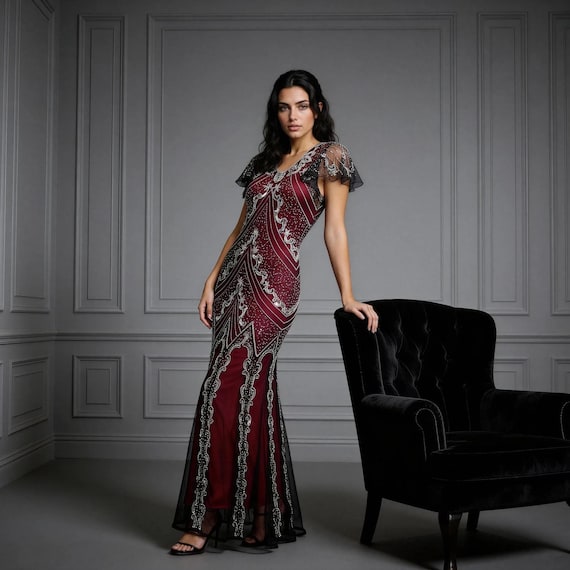 Sophia Vine Red Flapper, 1920s Gatsby Inspired, Art Deco Wedding Dress, Downton Abbey Evening Gown, Bridesmaid Plus Size Dress, 5XL-8X