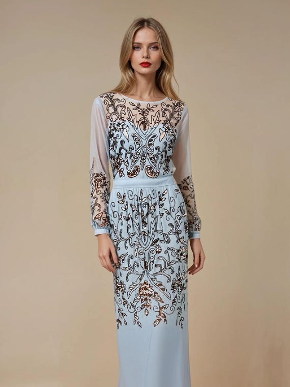 Vestido modesto azul cielo Vestido de fiesta de tul bordado