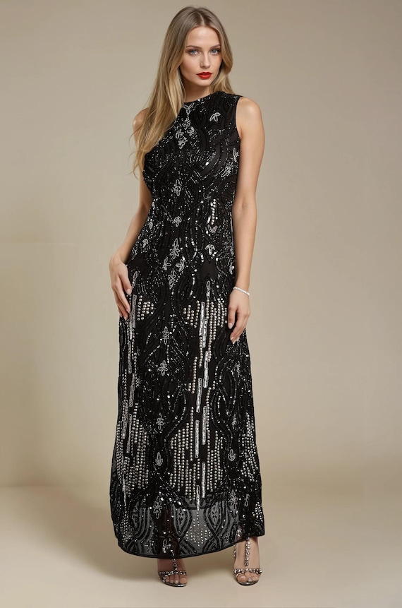 Black Gatsby Dress - 1920s Art Deco Flapper Gown | Sequin Wedding Guest Dress | Embellished Roaring Twenties Evening Outfit | Downton Abbey
