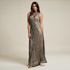 halter flapper dress ZAPAKA Women Champagne Fringed 1920s Dress Halter Sequins Keyhole Midi Flapper Dress, Champagne / L