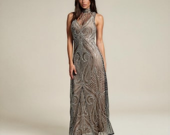 Mocha 1920s Flapper Dress Gatsby Art Deco Sequin Halter Wedding Guest Evening Gown