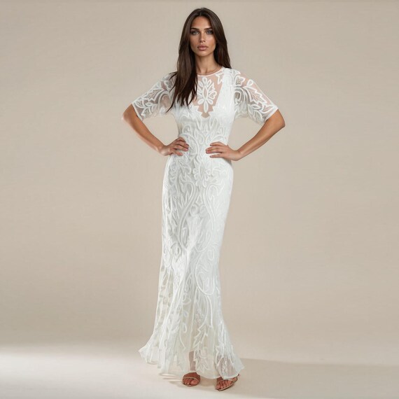 Vintage 1920s Wedding Dress Gatsby Art Deco White Mermaid Bridal Gown