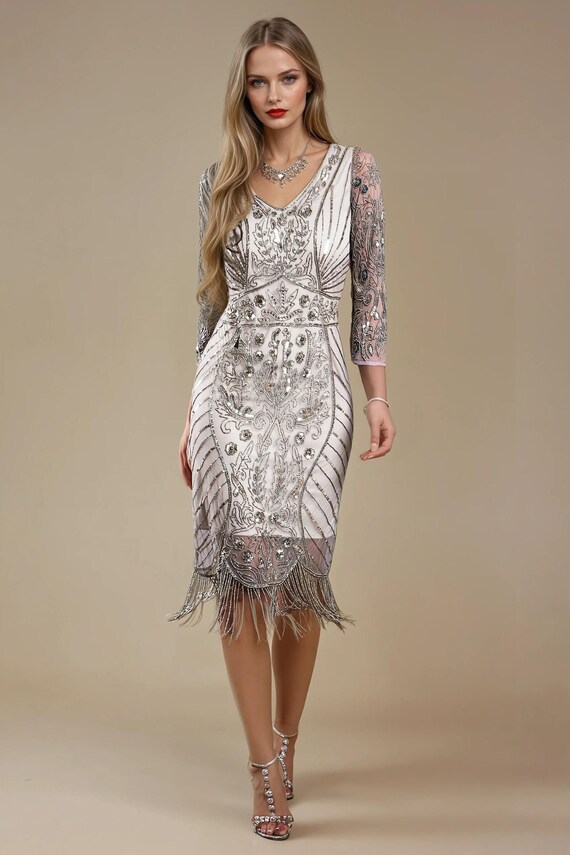 1920s Flapper Dress - Sequin Art Deco Gatsby Cocktail Dress With Sleeves - View #8