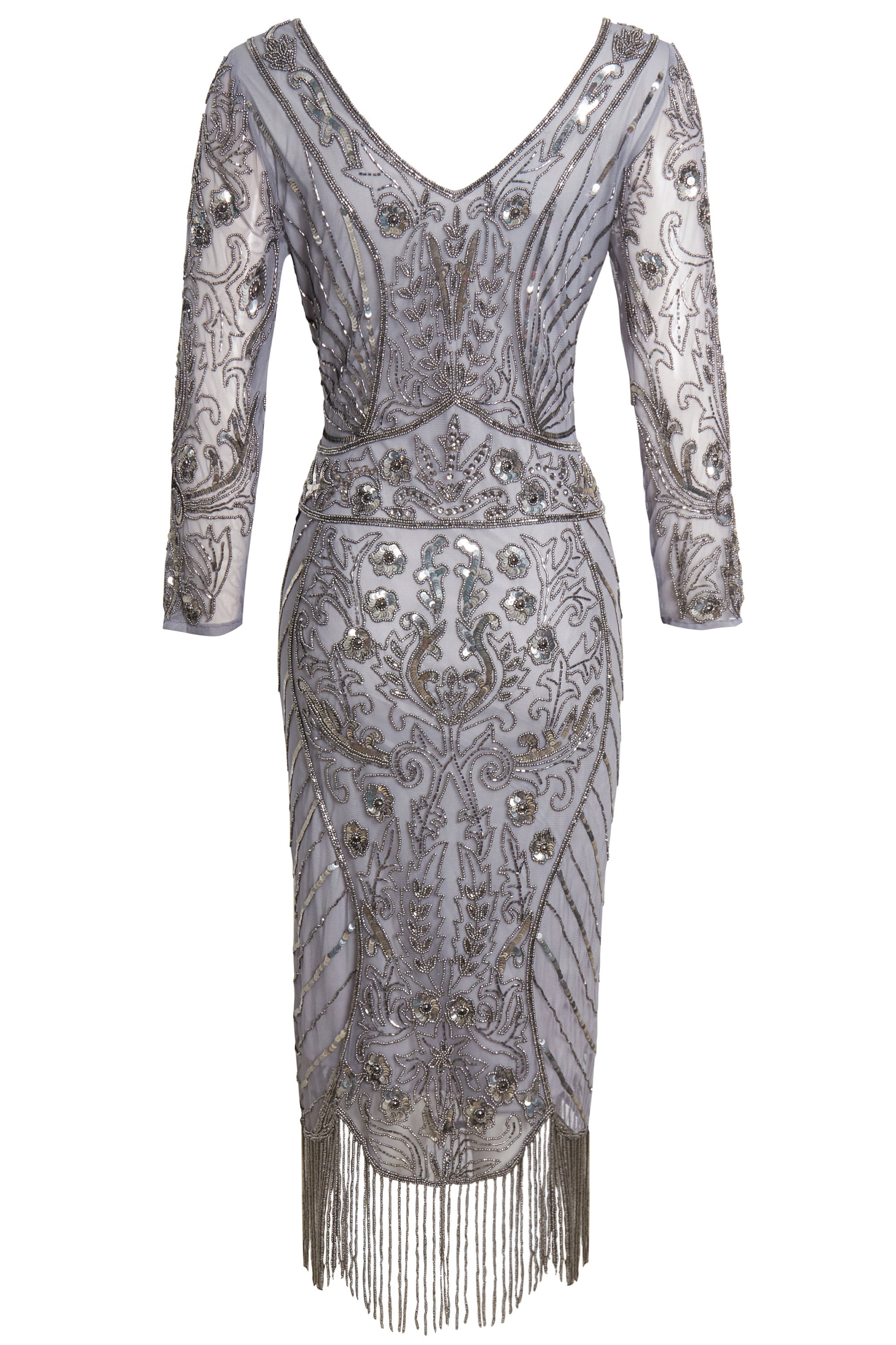 Audrey Grey Flapper Dress With Sleeves – 1920s Gatsby Sequin Fringe ...