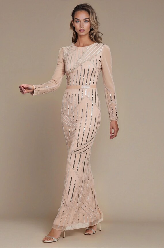 knee length dresses for ladies Peach Cap Sleeves Mermaid Rhinestone Long Evening Prom Dresses, QB0430 –  QueenaBridal main image 1