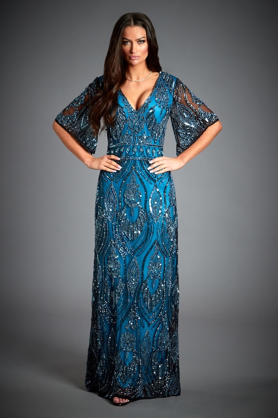 Laura - Blue Embellished Flare Sleeve 1920s Gatsby Dress - S by Jywal London