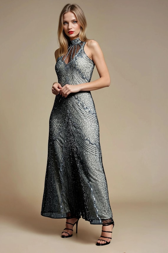 Beaded Gatsby Dress: 1920s Art Deco Sequin Flapper Gown