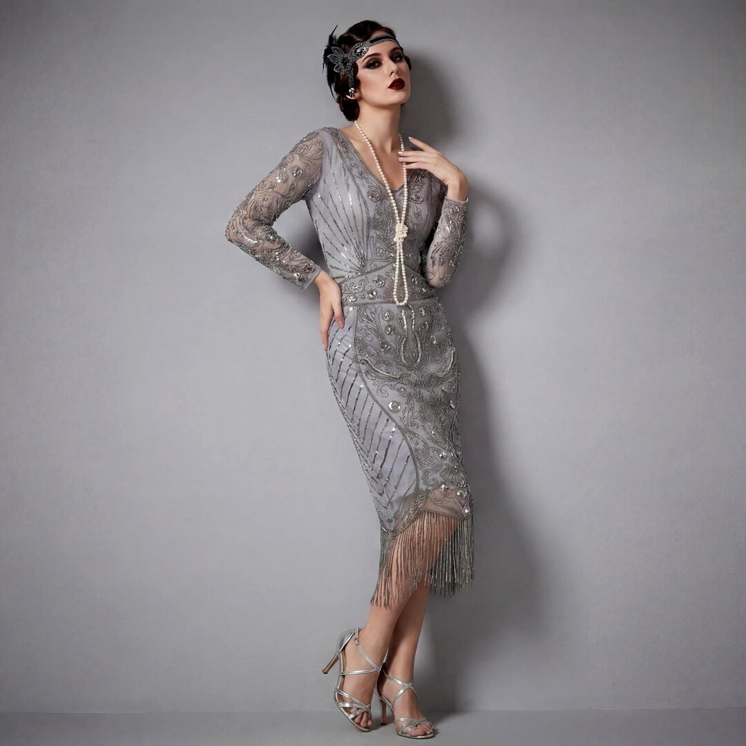 Audrey Grey Art Deco 1920s Beaded Fringe Evening Flapper Sleeved Party ...