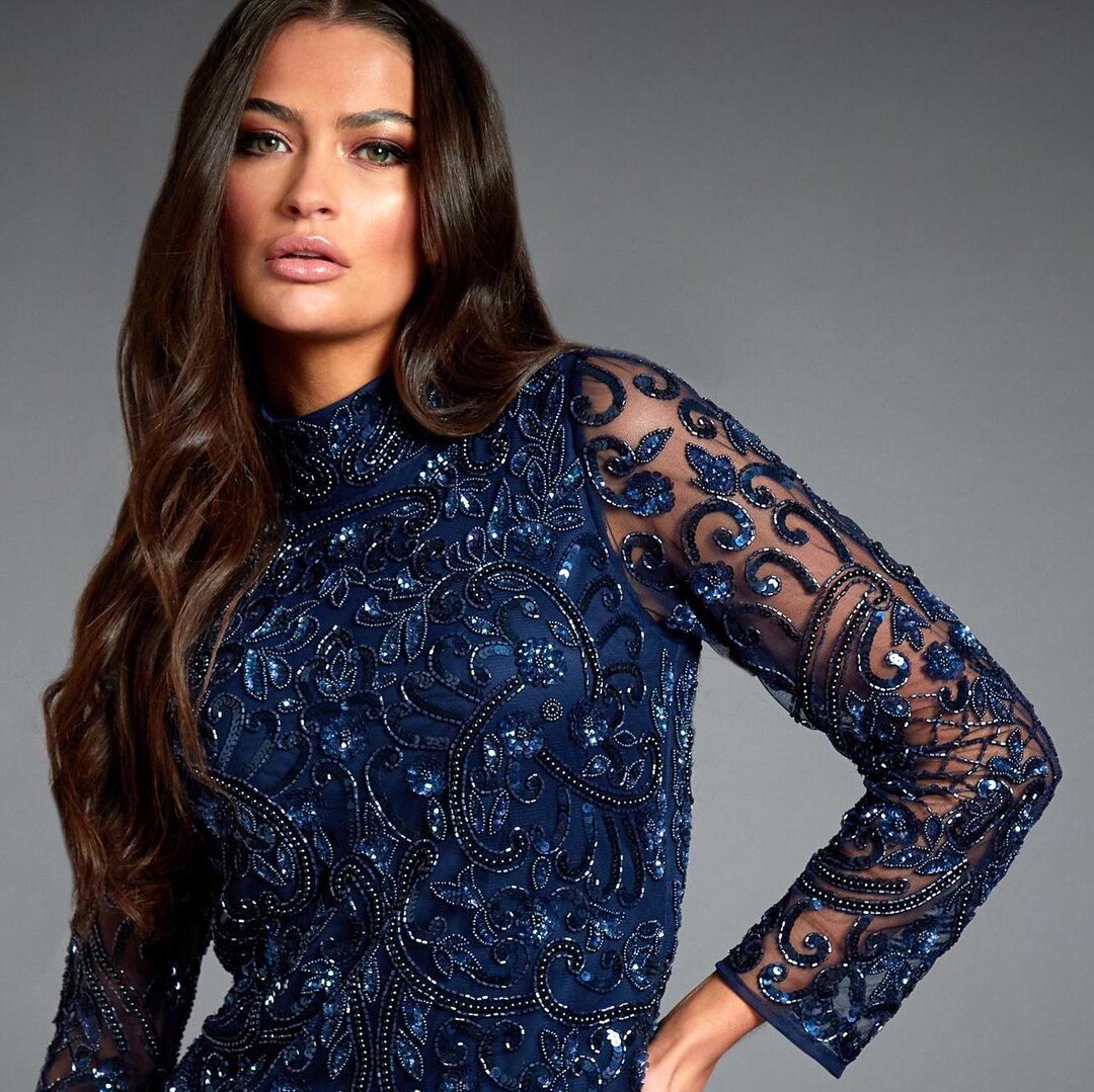 Rani marineblauwe flapjurk met mouwen Elegante Gatsby