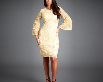 Champagne Gatsby Dress, 1920s Beaded Art Deco Flare Sleeve Vintage Style for Special Occasions