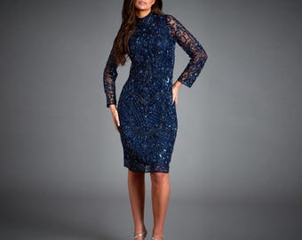 Rani Navy Blue Flapper Dress 1920s Gatsby Long Sleeve Evening Party Celebration