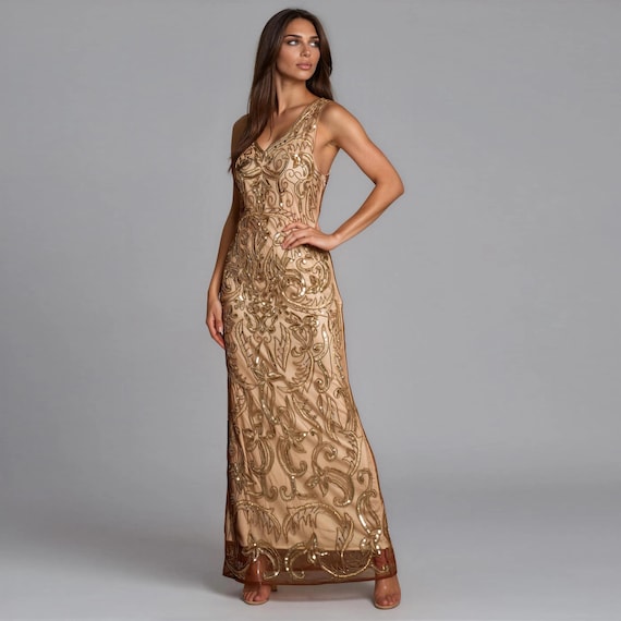 20s formal dresses Rose Gold Beaded Vintage Glamour Dress 1920s Gown Elegant Wedding Guest Hollywood glamour