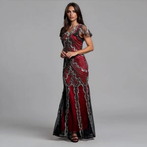 long red gatsby dress Great Gatsby chiffon dress in maroon red with tiered skirt