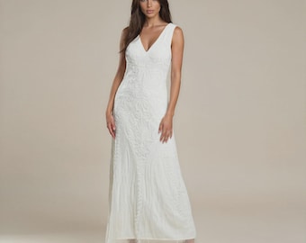 Off White Beaded Flapper Bridal Gown,  Art Deco Vintage Inspired Wedding Dress