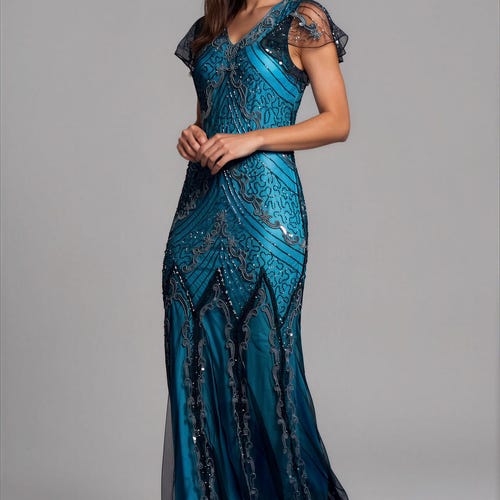 Evelyn 1920s Great Gatsby Inspired Dress, Downton Abbey, Blue Formal 1920s Wedding Dress, Long Evening Gown, Flapper Prom Plus Size Dress Evelyn 1920s Great Gatsby Inspired Dress, Downton Abbey, Blue Formal 1920s Wedding Dress, Long Evening Gown, Flapper Prom Plus Size Dress