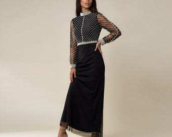 Black Long Sleeve Pearl Beaded Collar Evening Dress Vintage Style Wedding Guest Formal Gown