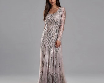 grey beaded maxi dress Anewsta Silver Sequin Backless Long Dress Wedding Guest Women Maxi Party Formal Gowns Beaded Slim Fit Elegant Banquet European American Stre,S