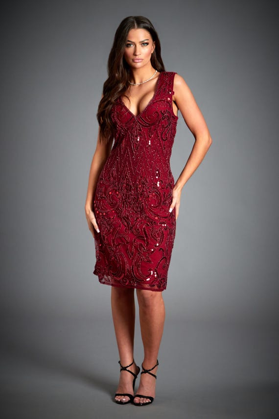 red roaring 20s dress Maroon red 1920s flapper dress with asymmetrical skirt