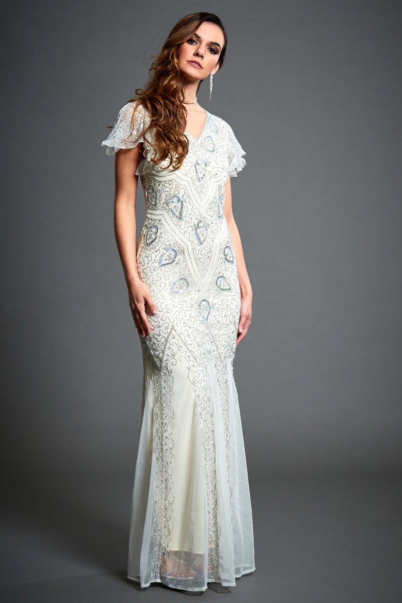 Vintage Inspired Wedding Dresses | Vintage Style Wedding Dresses Molly Off White Maxi Dress 1920s Gatsby Inspired Downton Abbey Mermaid Wedding Dress With Sleeve Formal Bridal Embellished Dress S-4XL $234.54 AT vintagedancer.com