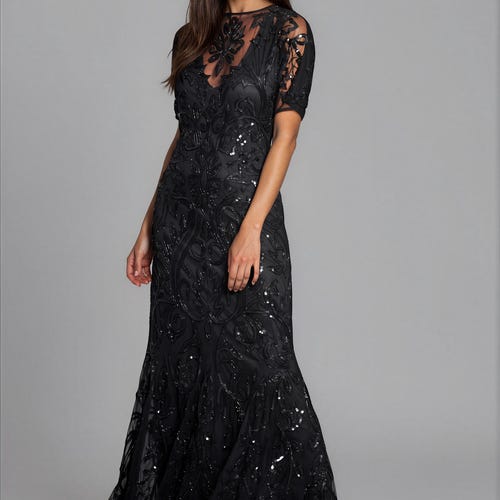 Lilly Black 1920s Flapper Dress Gatsby Art Deco Sleeved Evening Gown Wedding Guest