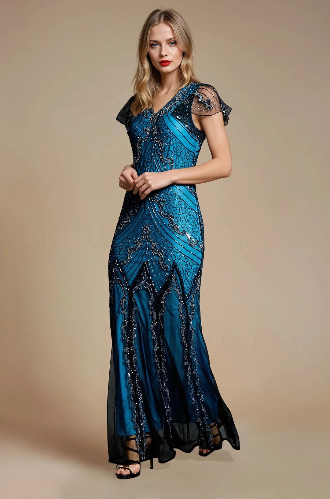 Evelyn 1920s Great Gatsby Inspired Dress, Downton Abbey, Blue Formal 1920s  Wedding Dress, Long Evening Gown, Flapper Beaded Prom Plus Size