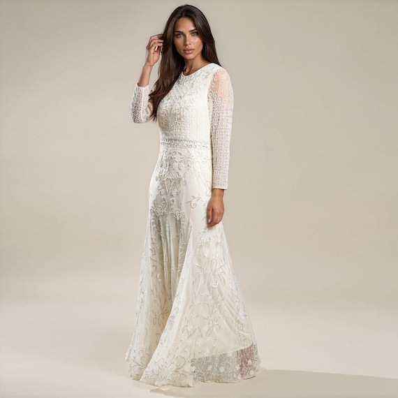 a line courthouse wedding dress Modest A-line Long Sleeve Bridal Gown Civil Ceremony Custom Fit Color:As Photo(White) ZAPAKA Women Blush Pink pattern_Satin elegant civil wedding dress Satin Fabric Color