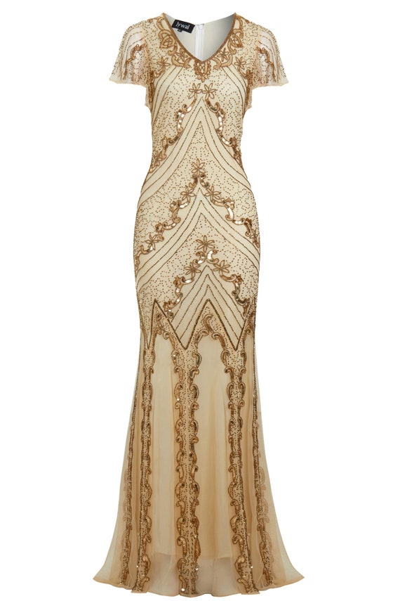 Helen Gold Beaded Flapper Dress 20s Great Gatsby Inspired | Etsy
