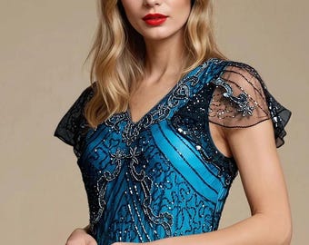 Plus Size Blue Beaded Flapper Dress: Gatsby Style Maxi Gown (5XL