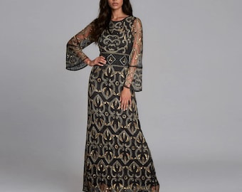 Elegant Black Modest Evening Dress A-Line Flare Sleeve Flowing Gown Courthouse Wear