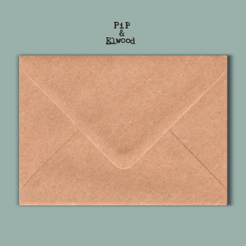 May include: A rectangular brown kraft paper envelope with a triangular flap. The text PiP & Elwood is printed in black typewriter-style font above the envelope. The envelope has a textured surface and a classic folded design for mailing.