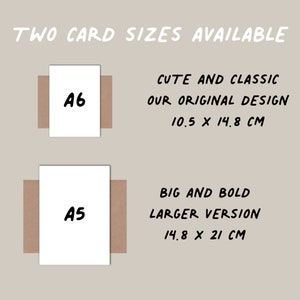 May include: A graphic display showing two card sizes available. The A6 card measures 10.5 x 14.8 cm, labeled as cute and classic. The A5 card measures 14.8 x 21 cm, labeled as big and bold. Both white rectangular cards are centered on brown backgrounds.