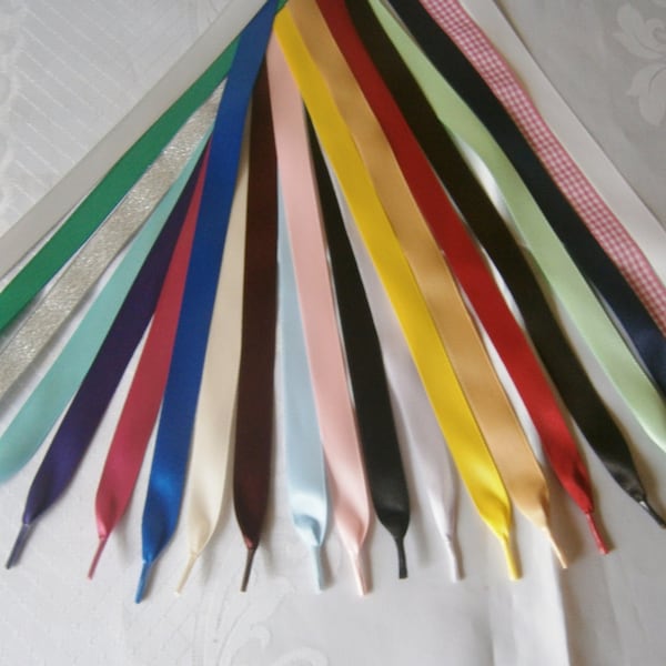 Satin  Ribbon Shoelaces for Trainers,Boots, Shoes, DM's, Kickers,Tims - Aglet Ends - Many Colours -3/8" ( 10mm} width