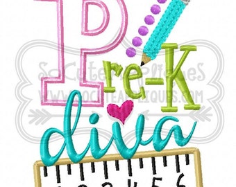 Pre K Diva Embroidery design 5x7 6x10, Back to school embroidery sayings, Kindergarten embroidery, Pre-K socuteappliques