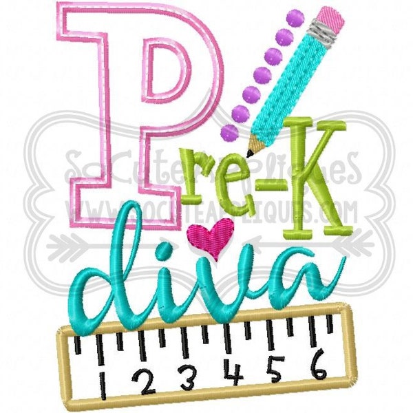 Pre K Diva Embroidery design 5x7 6x10, Back to school embroidery sayings, Kindergarten embroidery, Pre-K socuteappliques